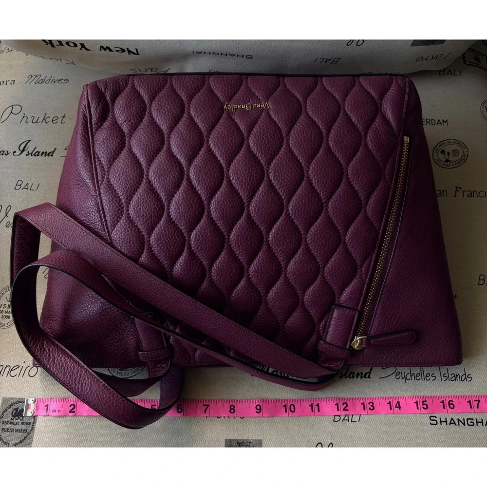 Vera Bradley Ella Tote Bag Aubergine Quilted Pebbled Leather Gold Hardware - Picture 9 of 11
